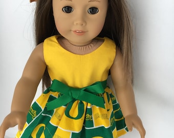 Oregon Ducks doll dress, made to fit 18 inch dolls such as American Girl and similar size dolls