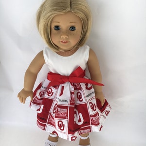 18 inch doll dress using  University of Oklahoma Sooners fabric,  made to fit 18 inch dolls such as American Girl and similar 18 inch dolls
