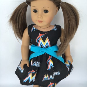 Florida Marlins 18inch doll dress of baseball fabric, made to fit 18 inch dolls such as American Girl Dolls and similar dolls