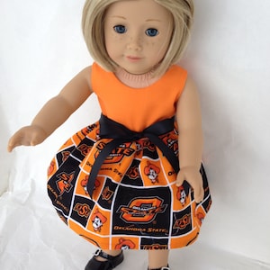 Oklahoma State 18 inch dol game day dress made of block fabric,  made to fit 18 inch dolls such as American Girl and similar 18 inch dolls
