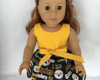 Steelers glitter fabric 18 inch doll dress, made to fit 18 inch dolls such as American Girl dolls and similar size dolls