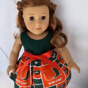 Miami block style game day doll dress, made to fit 18 inch dolls such as American Girl Dolls and similar size dolls