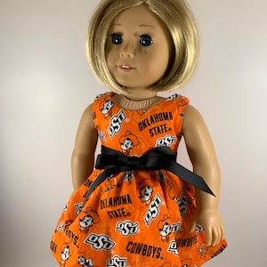 Oklahoma Cowboys tone on tone game day dress, made to fit 18 inch dolls such as American Girl dolls and similar size dolls