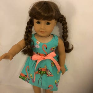 Flamingos on aqua fabric 18 inch doll dress, made to fit 18 inch dolls such as American Girl dolls and similar dolls