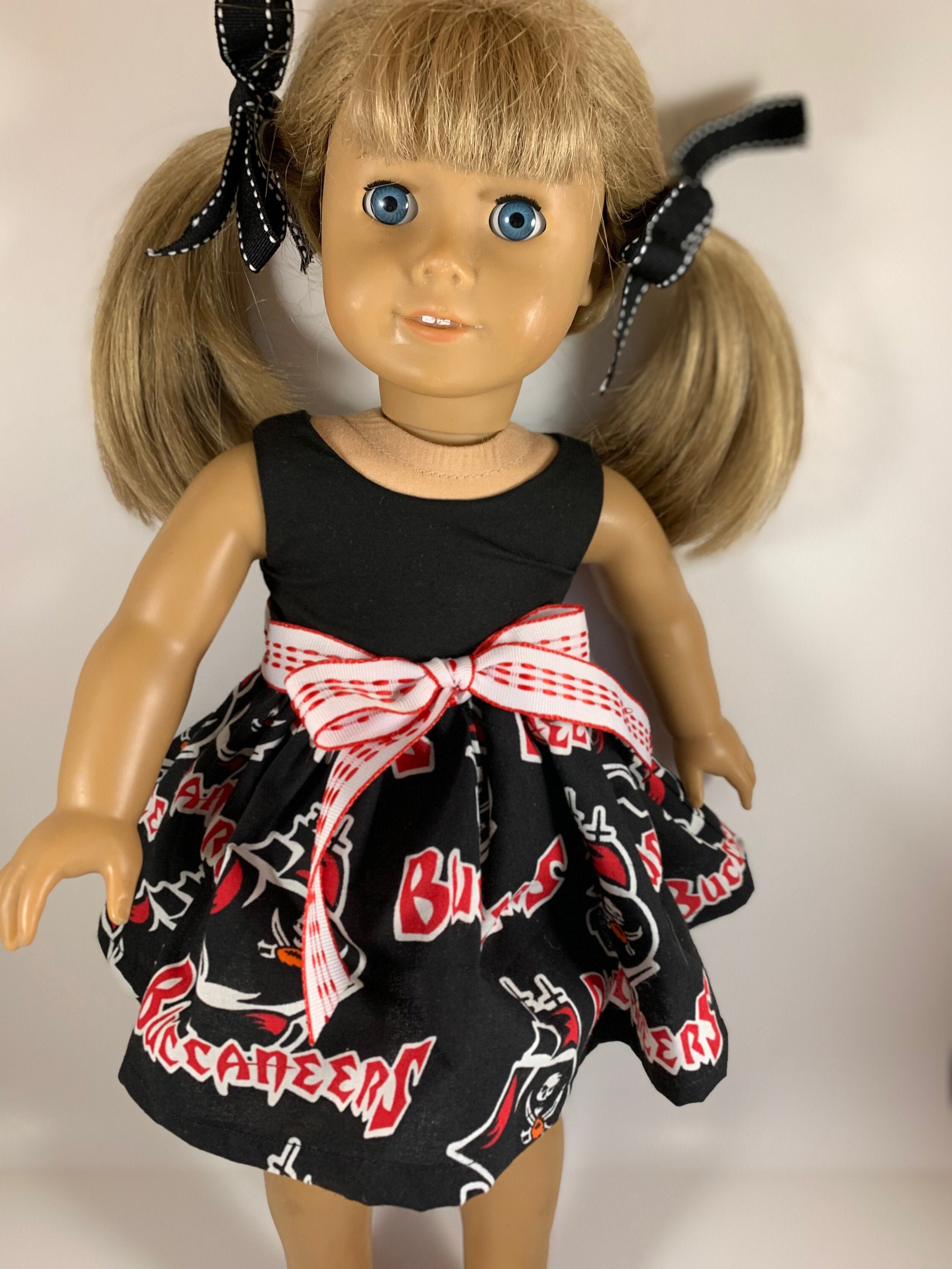 Tampa Bay Buccaneers game day dress made to fit 18 inch dolls such as American Girl Dolls and similar size dolls.