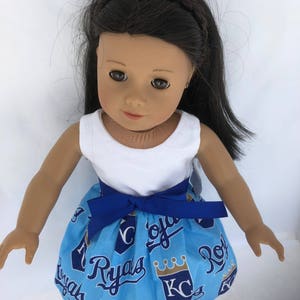 KC Royals 18 inch doll game day dress, made to fit 18 inch dolls such as American Girl Dolls and similar size dolls