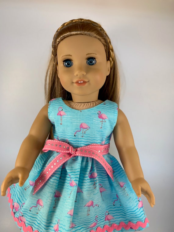 blue dress with pink flamingos Flamingo of aqua background and made to fit 18 inch dolls such as American Girl dolls and other same size dolls depending on the occasion Gender_Female A-line Gray Blue Off Color:black red