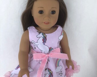 Unicorn 18 inch pink doll dress with organdy lace, made to fit 18 inch dolls such as American Girl dolls and other similar size dolls