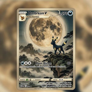 Op de afbeelding: Een ruilkaart met Umbreon V met 270 HP. De afbeelding toont een zwart wezen met gele ringen op een klif onder een grote volle maan, uitkijkend over een mistig berglandschap met bomen. De tekst bevat Moon Mirage 80.
