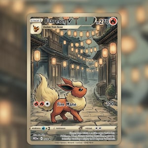 Op de afbeelding: Een Flareon V ruilkaart met een rood-oranje wezen met een crèmekleurige manen op een stenen pad. De achtergrond toont een straat met traditionele gebouwen en hangende papieren lantaarns. Tekst bevat Flareon V, 270 HP, Fire Mane en 100.