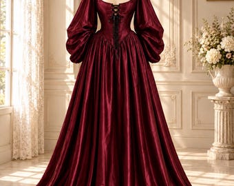 Burgundy Corset Ball Gown, Puff Sleeve Lace Up Gothic Formal Dress