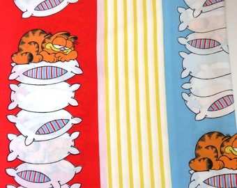 Vintage GARFIELD Full Flat Sheet by Burlington - Yellow Stripes Cat Pillow Talk - Novelty Childrens Bedding - Arts Crafts Fabric