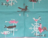 1960s Pat Prichard Handkerchief - Weather Vanes Cupids Roosters Whales Horse - Turquoise Pink Black Hankie - Novelty Designer Hanky - Gift