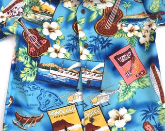 1990s BOYS Hawaiian Aloha Shirt - Size 8 - Blue Surfing Tikis Helicopter Tours - Tropical Vacation Summer - Gift