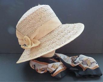 Liz Claiborne Beige Tan Straw Hat with Wide Brim Ribbon Bow - Summer Beach Gardening Boating Raffia Hat - Costume - Kentucky Derby Millinery