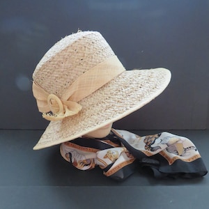 Liz Claiborne Beige Tan Straw Hat with Wide Brim Ribbon Bow - Summer Beach Gardening Boating Raffia Hat - Costume - Kentucky Derby Millinery