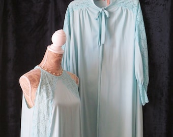 Conjunto de bata azul claro de los años 60 de Trillium - Talla 34 S a M - Conjunto de 2 piezas de camisón largo para mujer - Lencería sexy vintage - Regalo