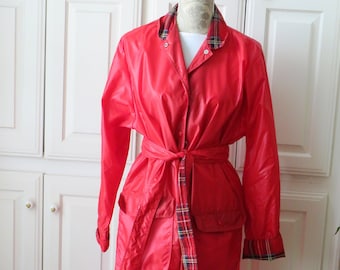 1980s Vintage Red Nylon Rain Coat by Aqua Sheen - Sz Medium - Long Bright Red Belt Trench Coat Slicker Macintosh MAC - Womens Raincoat  Gift