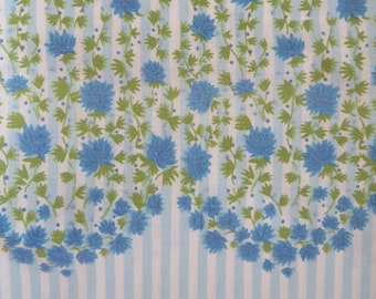 ONE 1970s Blue Floral Pillowcase - Blue White Stripes Flowers Flour Sack Pillowcase - Cottage Shabby Farmhouse Decor - Vintage Bedding