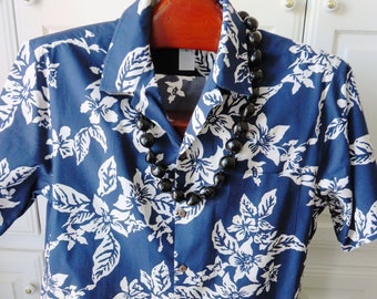 Mens Hawaiian Aloha Shirt by RJC - Size Large - White Orchids Tropical Flowers on Dark Blue - Vacation Luau Cruise - Casual Wear - Gift