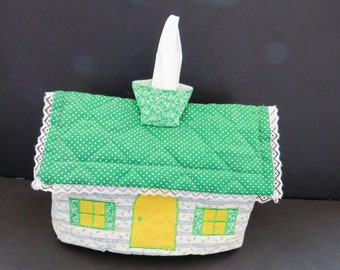 Vintage Fabric Tissue Box Cover - Country Cottage Quilted Cover - Green Polka Dot Roof Chimney  - Farmhouse Country Kitchen - Kleenex Box