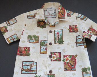 Little Boys Hawaiian Aloha Shirt by Bishop Street - Size 4 - Made in Hawaii - Ukulele Aloha Tower Canoes Pineapples - Small Boys Aloha Shirt