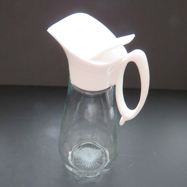 1960s Vintage Log Cabin Syrup Pitcher  White Plastic Pour Lid Glass Syrup Sugar Creamer Dispenser Retro Mid Century Modern Farmhouse Kitchen