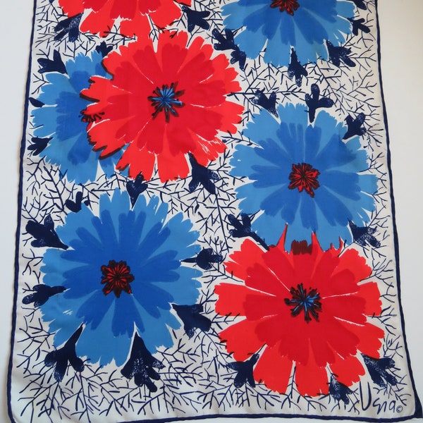 1970s Long Vera Neumann Scarf - Bright Red White Blue Floral Scarf - Flower Power Scarf - Womens Fashions Accessories Designer Scarf - Gift