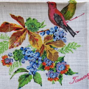1950s Vintage TANAGER Bird Handkerchief - Red Yellow Tanagers Bird Nest - Bird Watchers Ornithologist - Vintage Hankie Hanky - Womens Gift