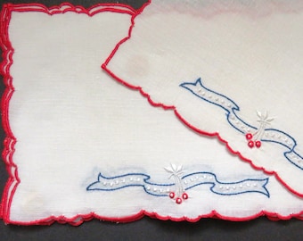 MADEIRA Hand Embroidered Cocktail Napkins - Set of 6 - Embroidered Red Cherries Fine Linen Drink Coasters - Cocktails Bar Entertaining Gift