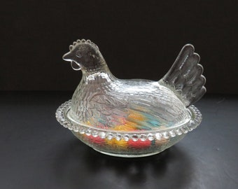 1960s Hen on Nest Indiana Glass - Clear Indiana Glass Laying Chicken - Beaded Edge Rippled Nest - Collectible Easter Candy Dish - Gift