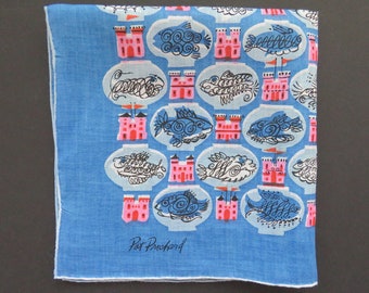 RARE 1970s Pat Prichard Pañuelo - Castillos de pescado azul rosa en peceras - Diseñador coleccionable Novedad Hankie Hanky - Regalo de accesorios