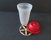 1970s TUPPERWARE Quick Shake Container - 3 Piece Clear Plastic with Red Lid - Mix and Shake Protein Milkshakes Gravy Salad Dressing Storage