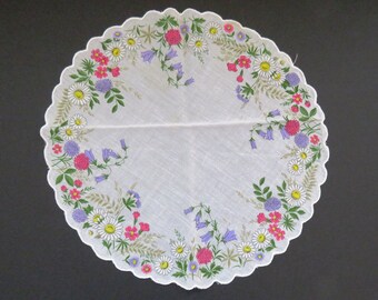 1970s Vintage Round Floral Handkerchief - Pink Purple White Daisies Summer Flowers Hankie Hanky - Womens Fashion Accessories - Gift