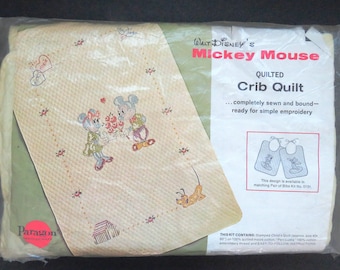 Walt Disneys MICKEY Mouse Quilted Crib Quilt Embroidery KIT by Paragon 0130 - Mickey Minnie Pluto Quilted Blanket Kit - DIY Craft Kit - Gift