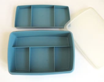 1980s Tupperware Stow n Go Container - 3 Piece Blue Divided Container with Lid - Arts Crafts Organizer Storage Box - Sewing Tackle Box  Gift