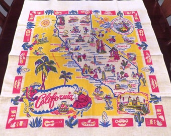 1950s Vintage California State Map Souvenir Tablecloth - PreDisneyland Cities Sites - California Nevada Mexico Souvenir Collectible Linens
