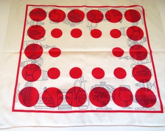 Retro Jumbo Dish Tea Towel 1950s Large Kitchen Towel Red Circles Dishes Cruet Holders Covered Bowls Small Table Cover Tablecloth MCM