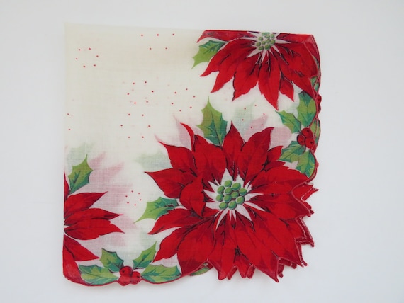 1960s Christmas Handkerchief - Red Cut Out Poinse… - image 4