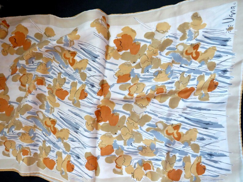 Écharpe longue Vera Neumann années 1950 à motif floral abstrait doré, beige, marron, bleu et gris - Accessoire de mode de créateur pour femme - Cadeau image 8