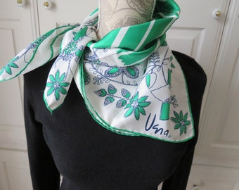 1970s Vera Neumann Square Neck Scarf - Bright Green Flowers Green Ribbon Stripes Scarf - Womens Accessories - Vera Designer Scarf - Gift