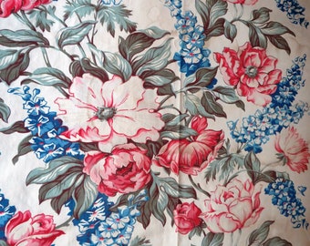 1940s Floral Remnant FABRIC by Fashion Manor - Pink Rust Blue Green on Tea Stained Background - Crafting Material - Sold in AS IS Condition