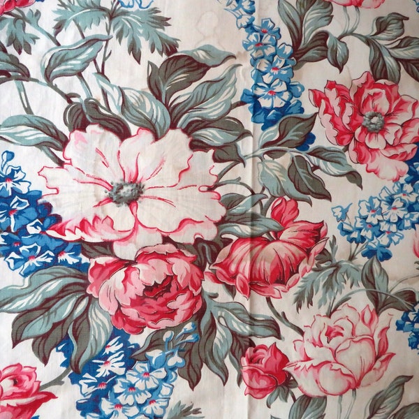 1940s Floral Remnant FABRIC by Fashion Manor - Pink Rust Blue Green on Tea Stained Background - Crafting Material - Sold in AS IS Condition