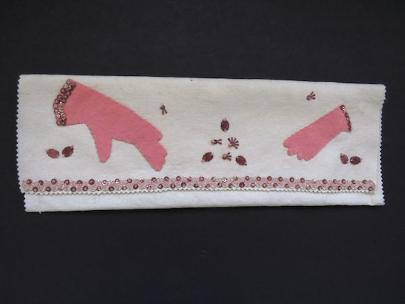 1950s Handmade Felt Glove Holder - White Pink Seq… - image 1