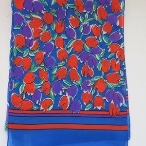 1980s Long Floral Scarf - Bright Red Purple Tulips on Blue Scarf - Flower Power Scarf - Womens Fashions Accessories- Made in Italy - Gift