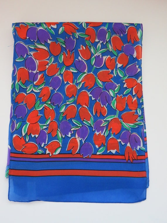 1980s Long Floral Scarf - Bright Red Purple Tulips on Blue Scarf - Flower Power Scarf - Womens Fashions Accessories- Made in Italy - Gift