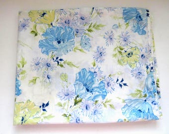Vintage TWIN Flat Floral Sheet - Blue Yellow Flower Power on White - Pastel Abstract Bedding - Farmhouse Country Cottage Shabby Chic