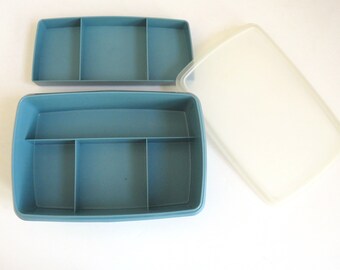 1980s Tupperware Stow n Go Container - 3 Piece Blue Divided Container with Lid - Arts Crafts Organizer Storage Box - Sewing Tackle Box  Gift