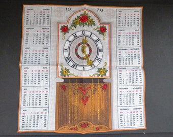 Vintage 1970 Calendar Handkerchief - French German Calendar Hankie Hanky - Grandfather Clock  - Red Roses -  Collectible - Arts Crafts Gift