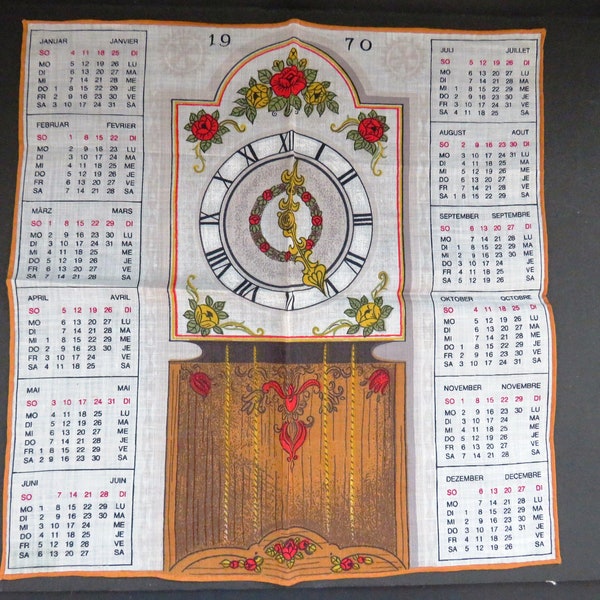 Vintage 1970 Calendar Handkerchief - French German Calendar Hankie Hanky - Grandfather Clock  - Red Roses -  Collectible - Arts Crafts Gift